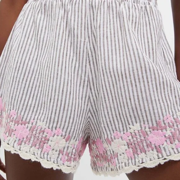 TUCKERNUCK Tan Stripe Embroidered Floral Linen Kali Short Size L NWT